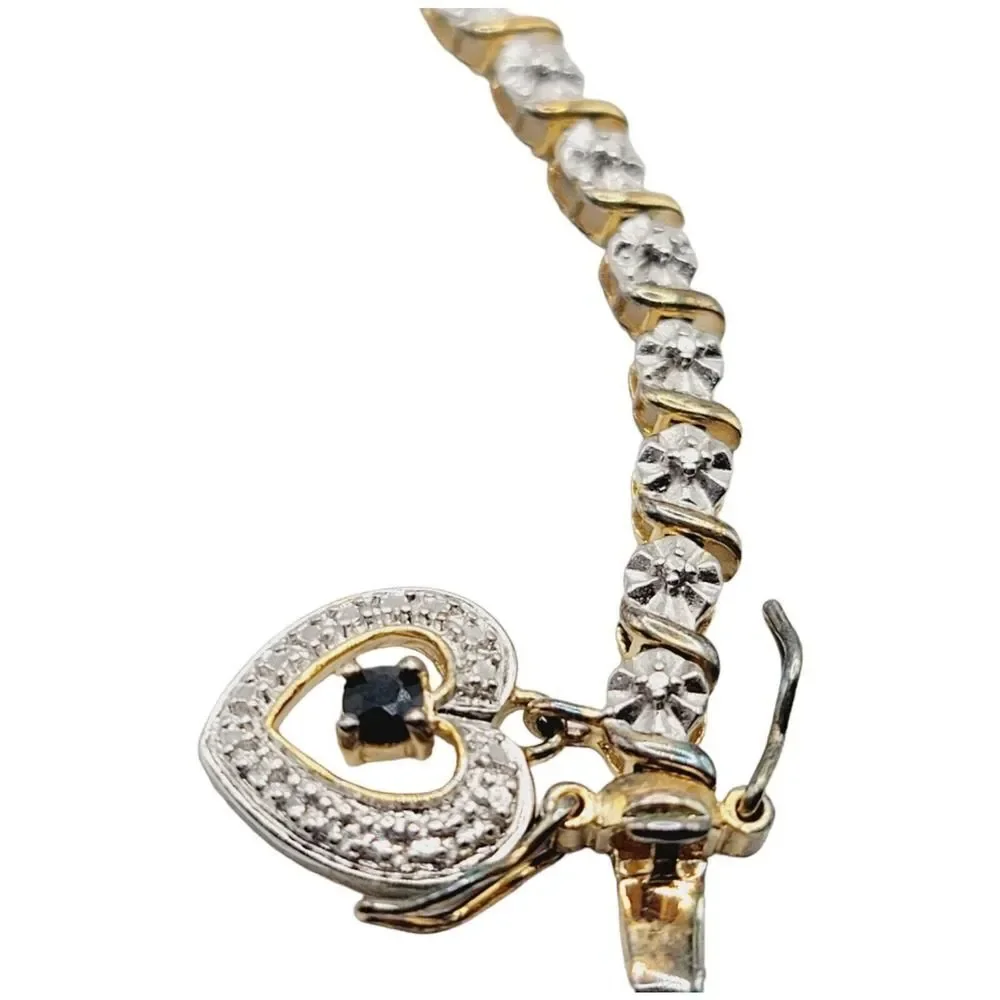 Sterling Silver Gold‎ Vermeil 925 Women’s Tennis Bracelet With Heart Charm 7